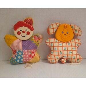 Vintage Fisher-Price Baby Rattle Toy Lot Patchwork Clown Puppy Soft Plush Stain